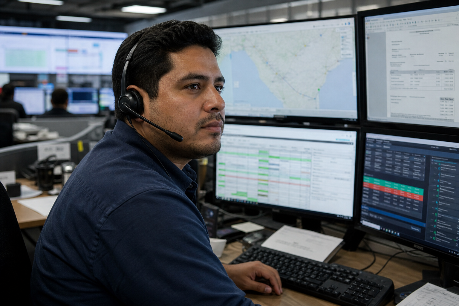 Profesional latino en escritorio de operaciones logísticas con varios monitores; agentes de IA cerrando el trabajo