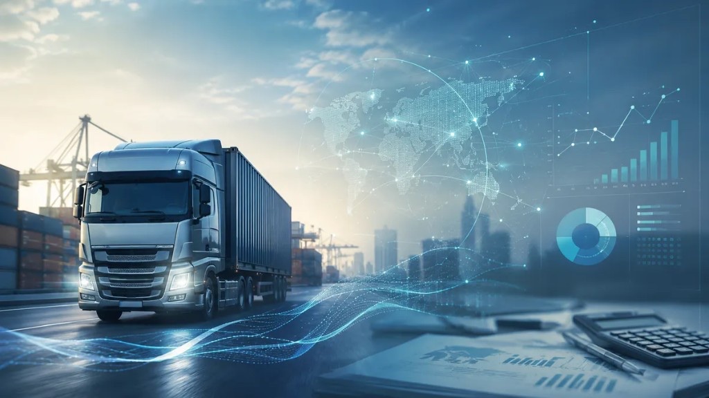 Tracto con contenedor en puerto y overlays de métricas: hub CFDI, Carta Porte y auditoría