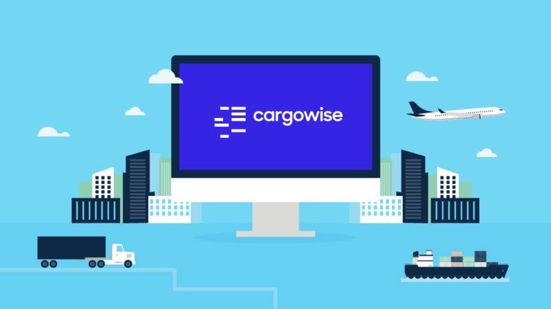 Monitor con logo CargoWise e iconos de avión, barco y camión: TMS de registro multimodal