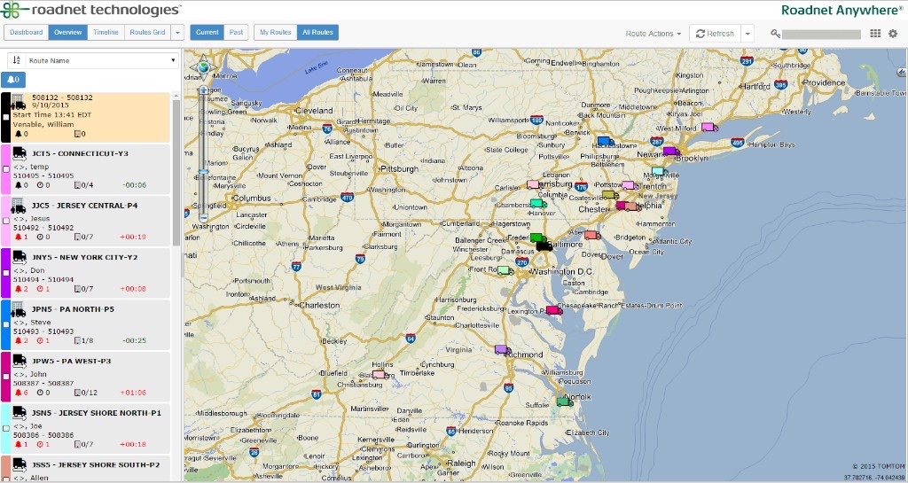 Panel Roadnet Anywhere — Overview con mapa de rutas (noreste EE.UU.) y sidebar de rutas