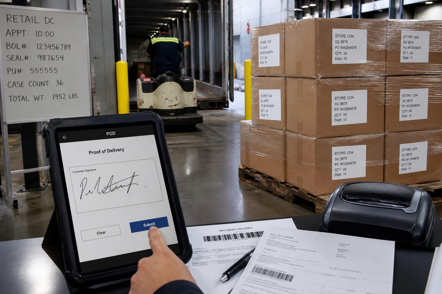 Expediente de entrega y notas de cargo de retail sobre un escritorio