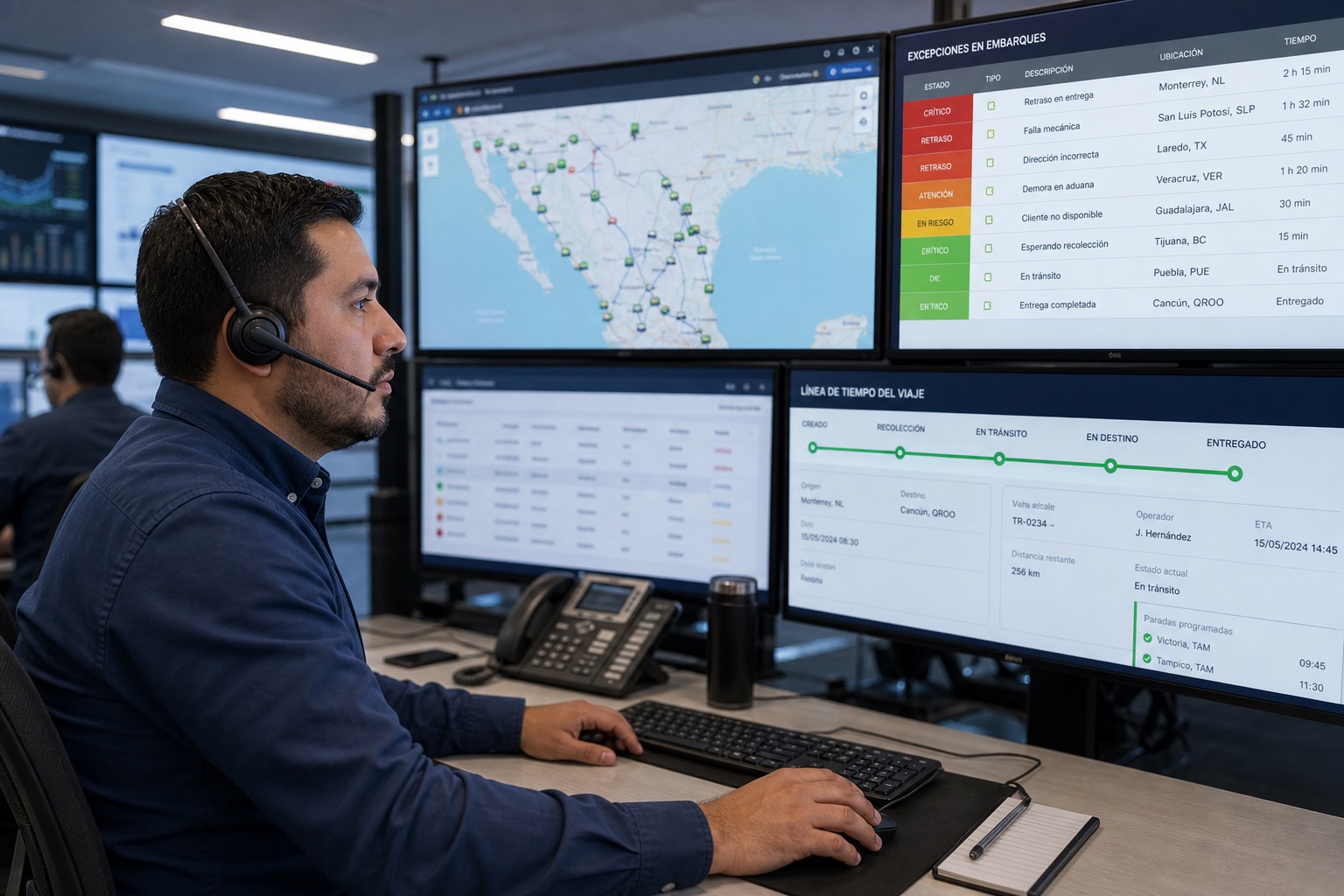 Torre de control logística con mapas de México y excepciones de embarque