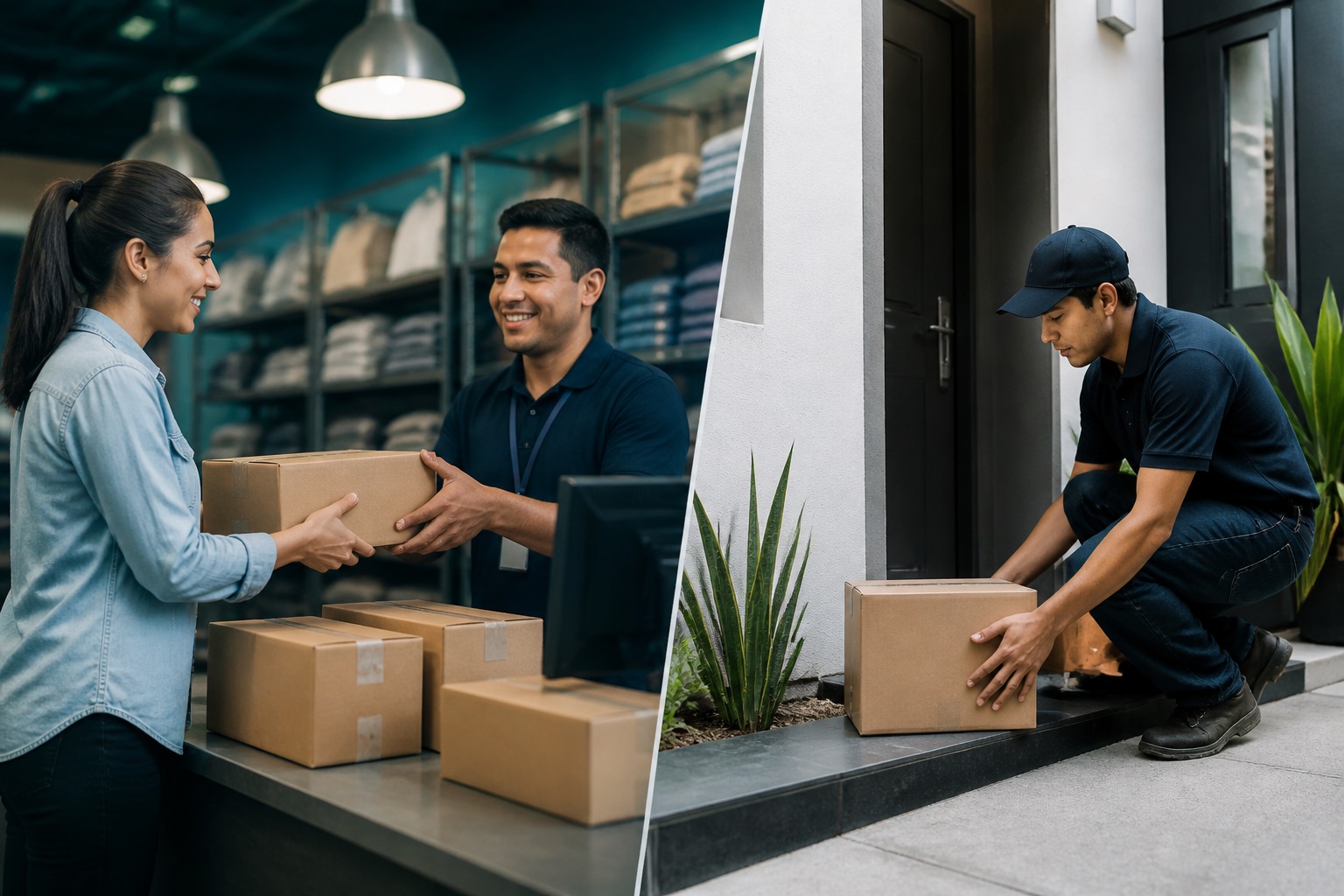 Packages staged for shipping or pickup: store pickup versus home delivery