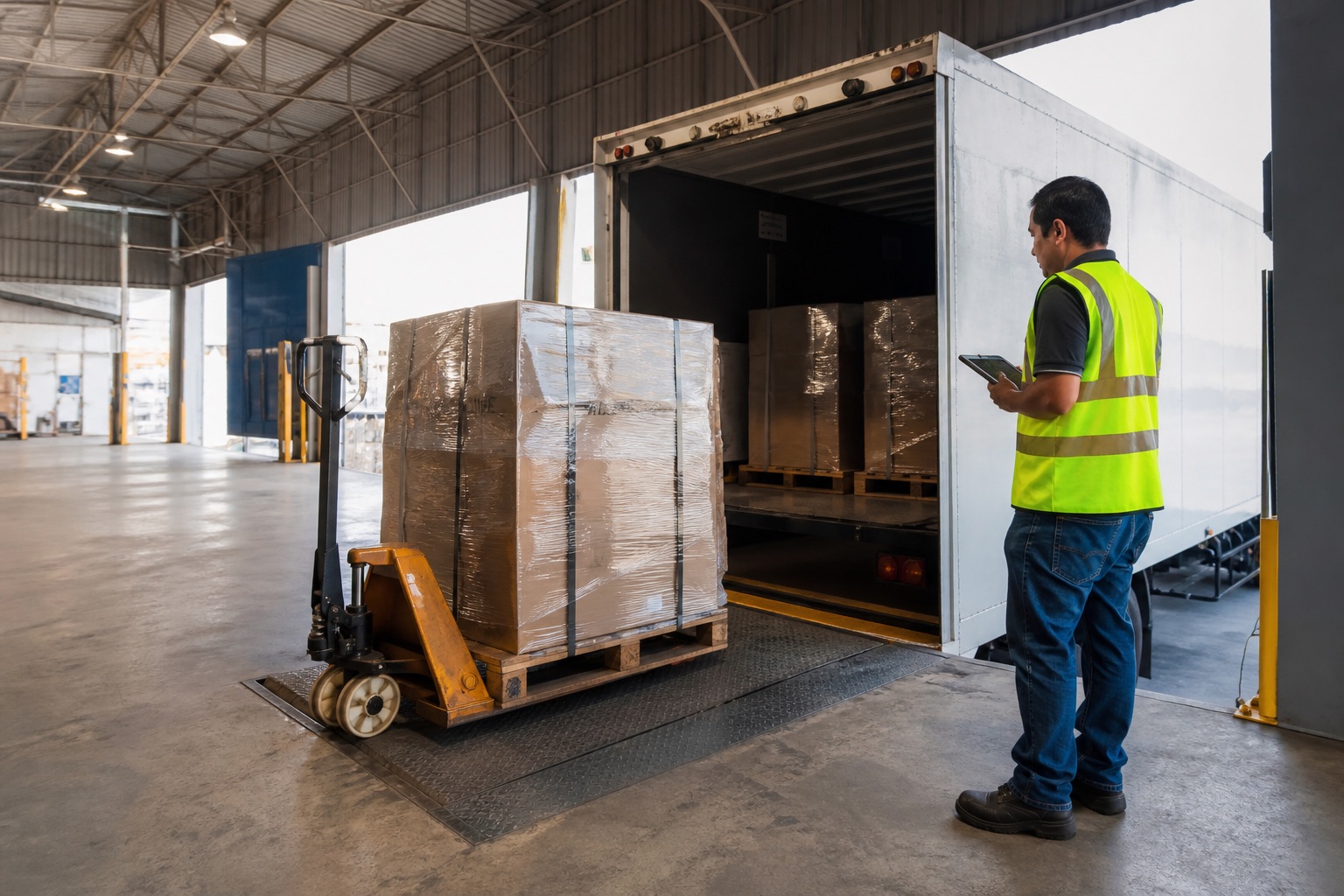Warehouse dock with freight staged for loading: shipping as an auditable trip, not only a retail parcel