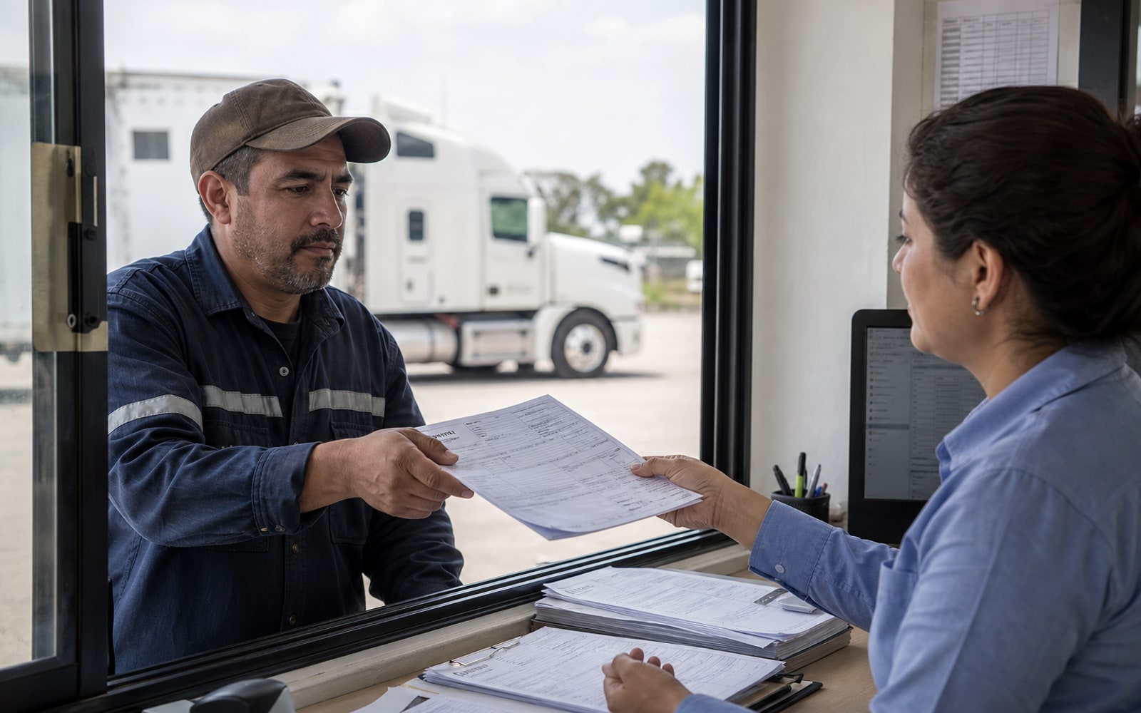 Operador entrega documento de flete con rejilla de campos por la ventanilla de caseta; tractocamión al fondo