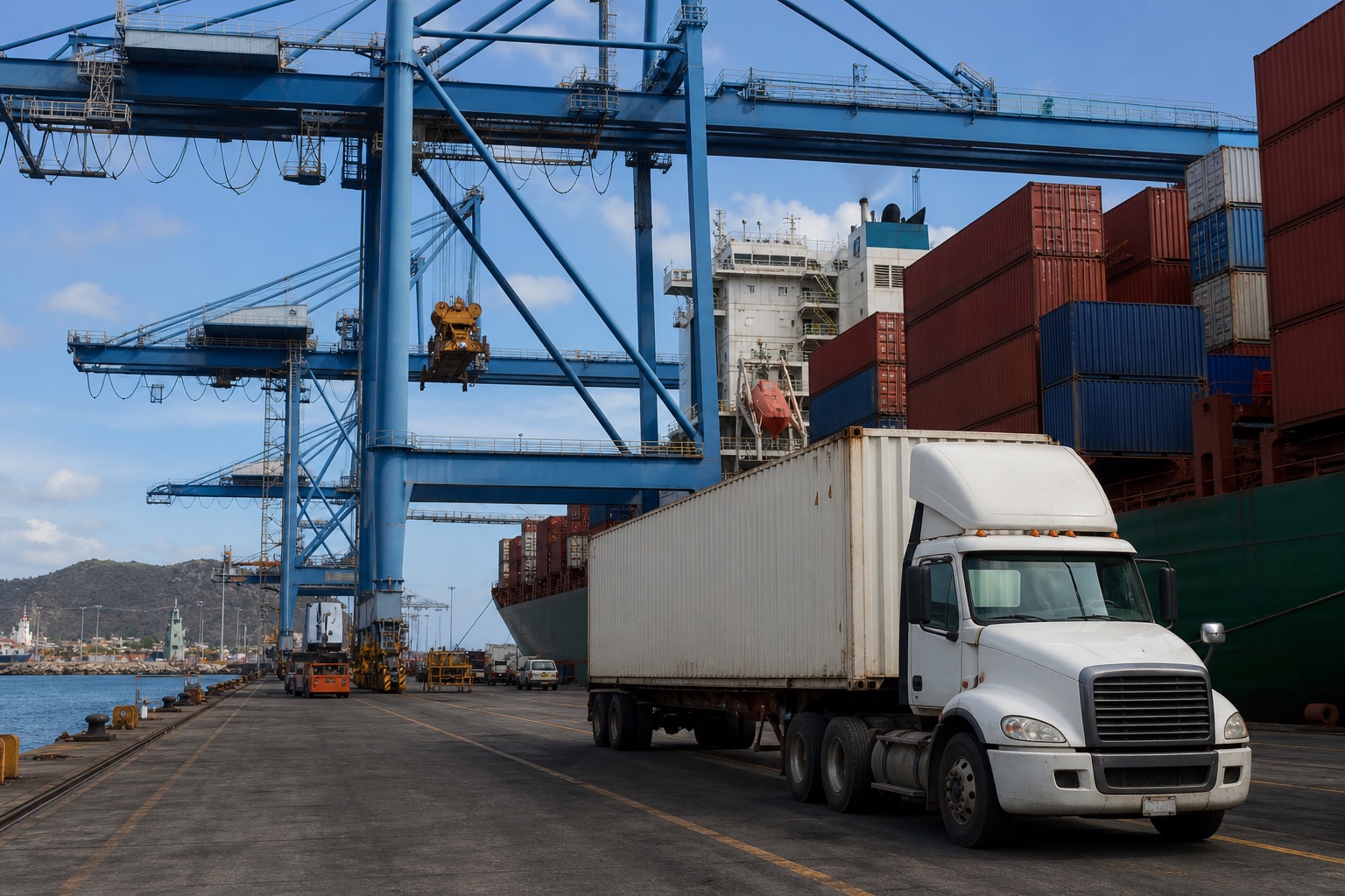 Cranes and containers at a Pacific port: Manzanillo to Mexico City haulage