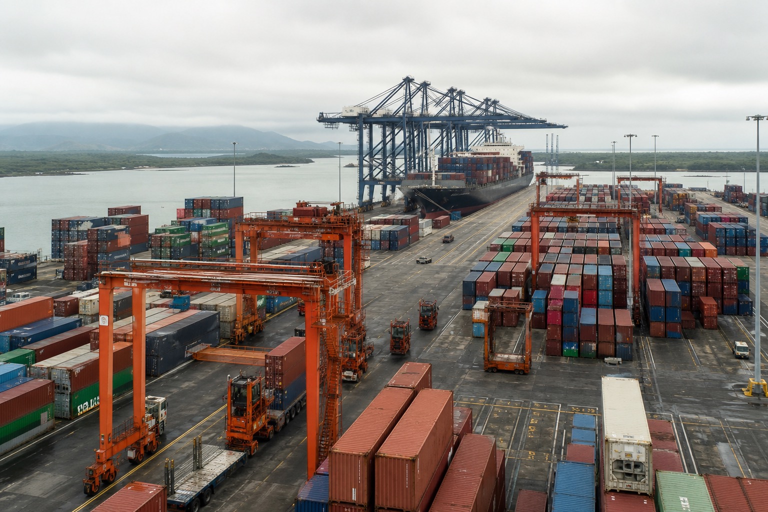 Pacific port container yard: haulage from Lázaro Cárdenas toward central Mexico
