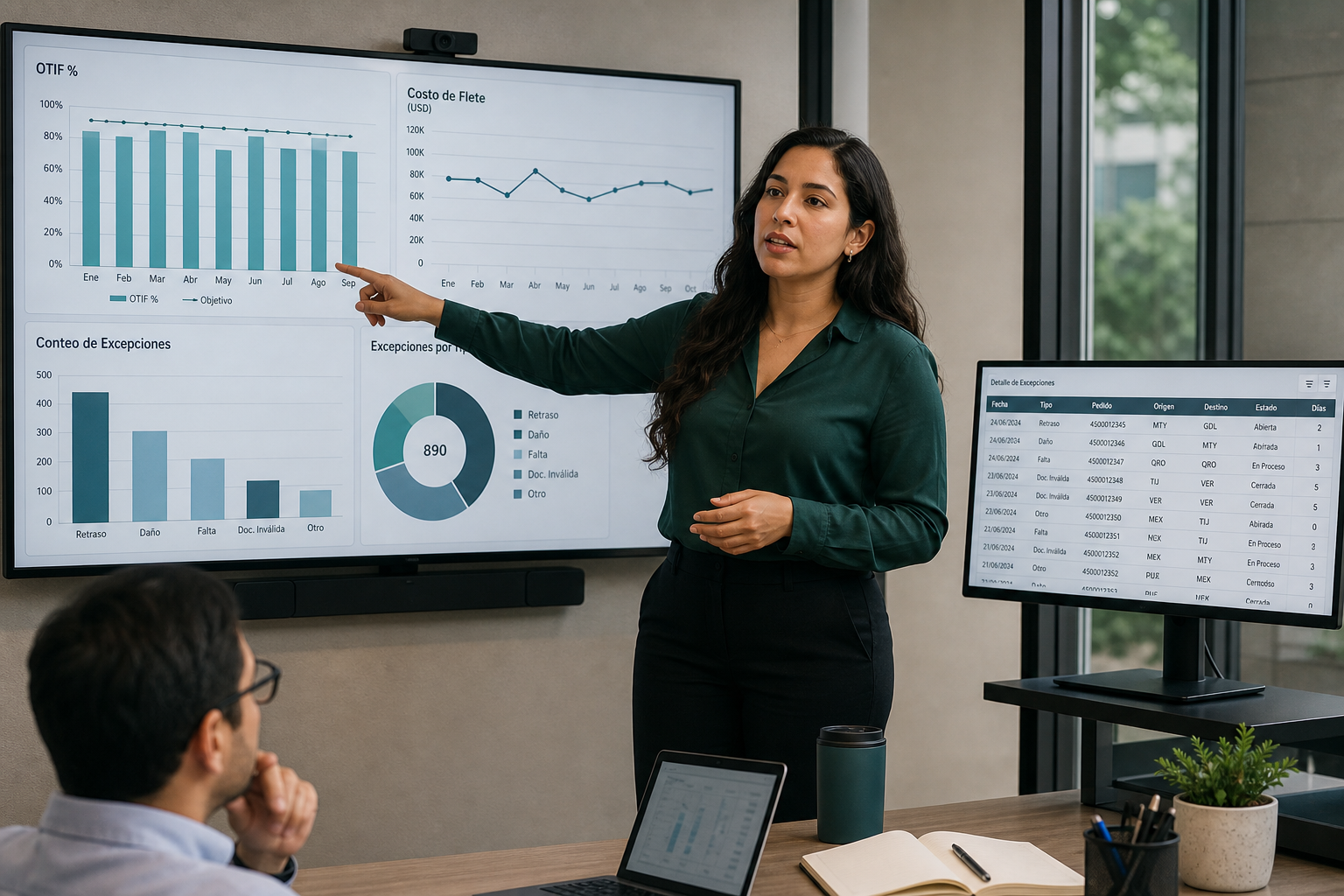 Analista latina de BI presenta dashboard de KPIs de flete (OTIF, costo, excepciones) con códigos de ciudad México