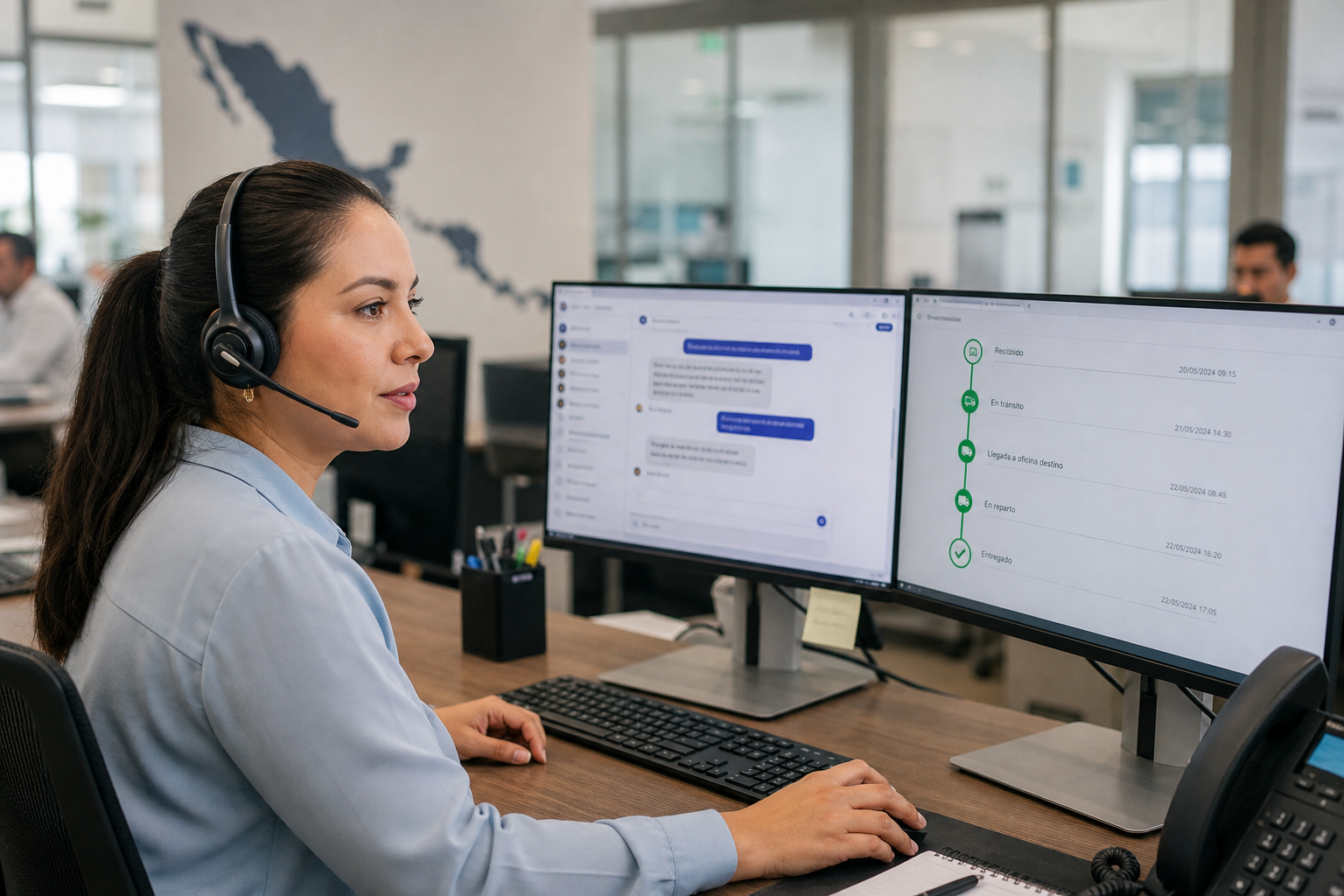 Profesional latina de servicio al cliente de flete con headset ante monitores de seguimiento de embarques y chat