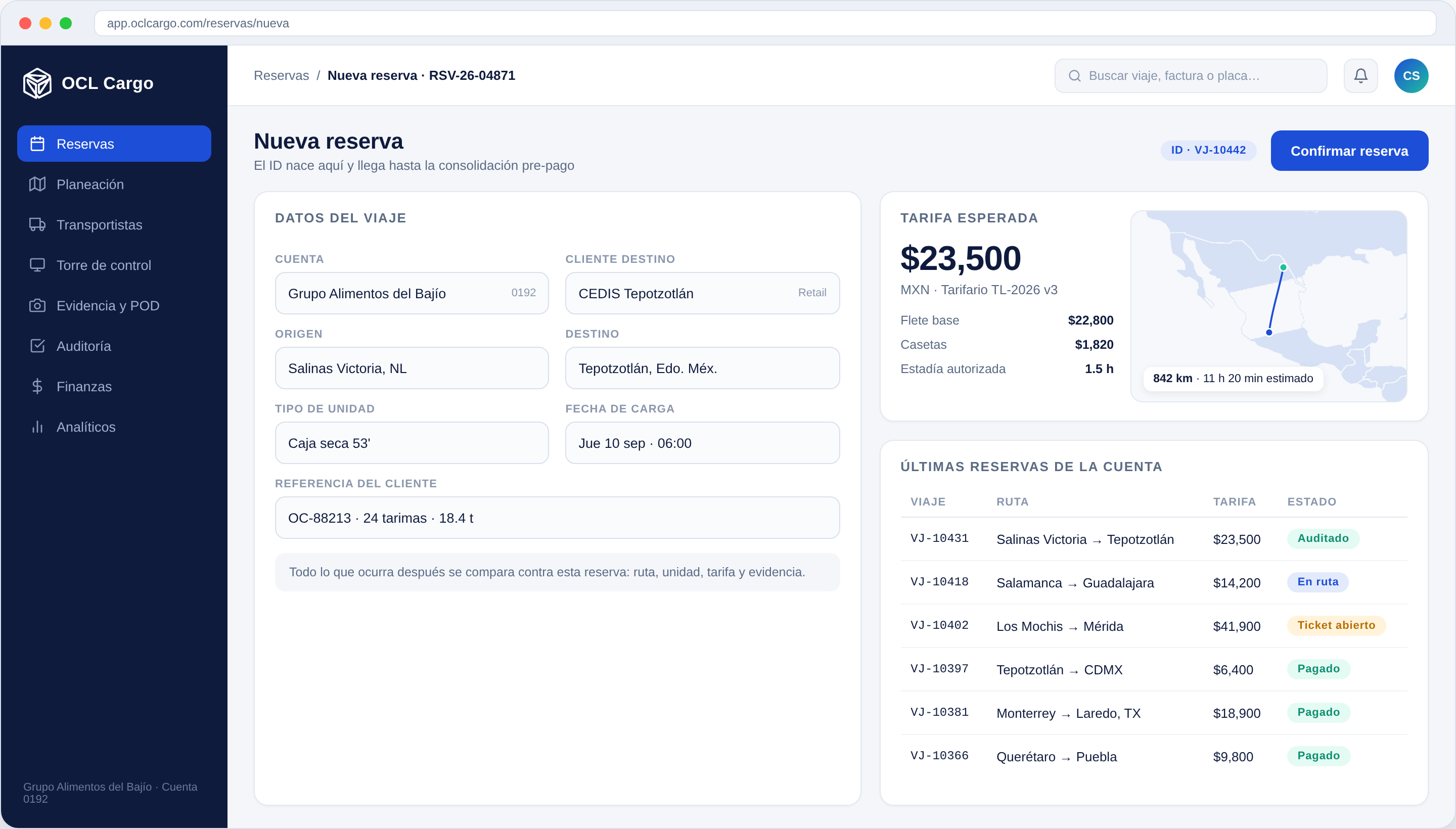 OCL booking screen