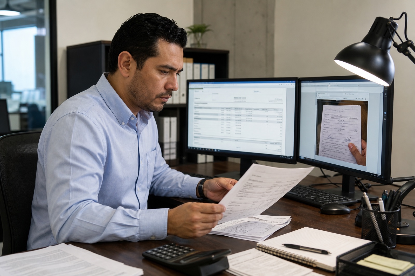 Analista de Finanzas revisando documentos físicos frente a monitores con factura y evidencia digital